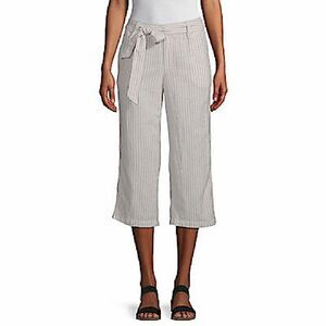 Liz Claiborne Belted tan flax Striped Crop Pants linen coastal beachy plus 2XL